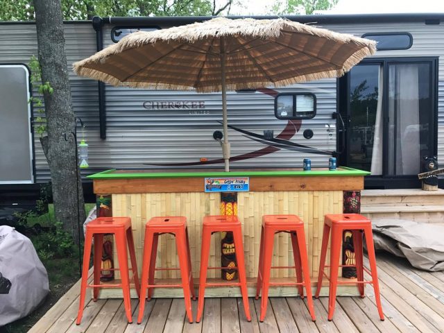 camping bar set up on deck next to camper